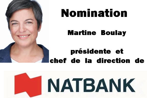 Nomination de Martine Boulay à titre de présidente et chef de la direction de Natbank en Floride.
